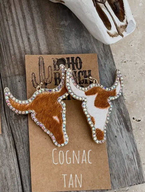 Cowhide Bling Longhorn Earrings