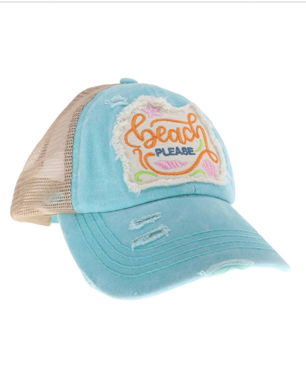 Mint Embroidered Beach Please Patch High Pony Criss Cross Ball Cap by CC Beanie