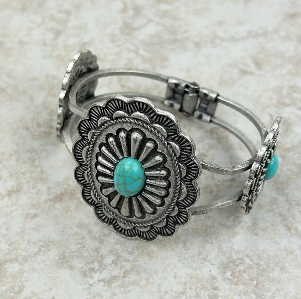 Three silver concho with blue turquoise stone Bracelet