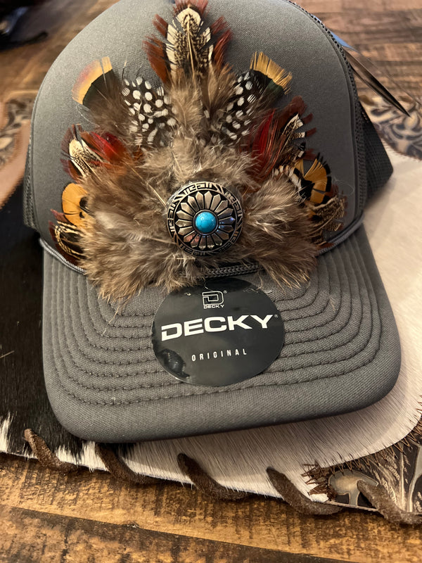 Gray Feathered Trucker Cap with Concho Embellishment