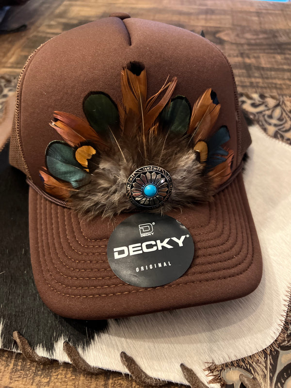 Brown Feather Trucker Cap with Concho embellishment