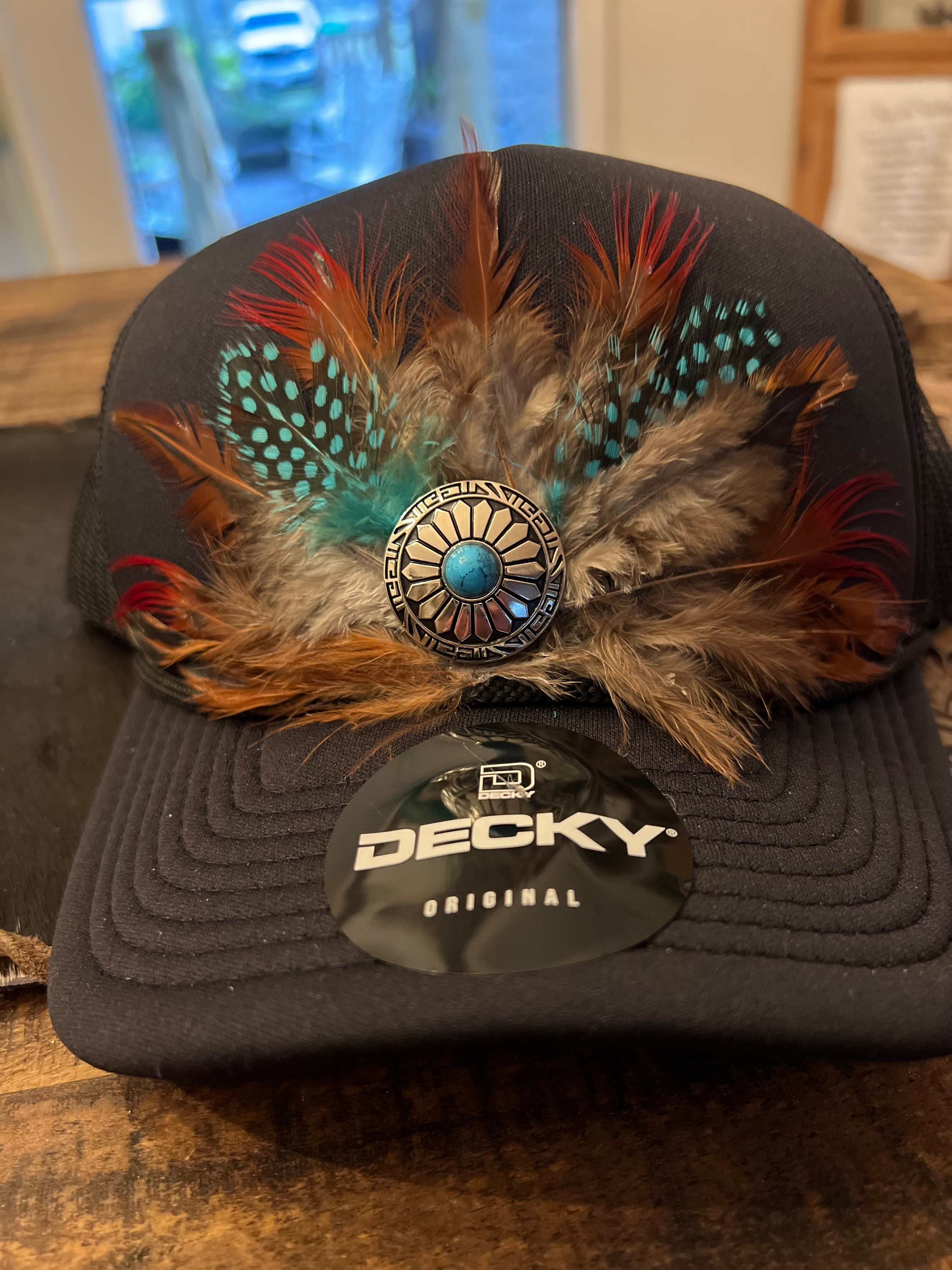 Black Feathered Trucker Hat with Concho