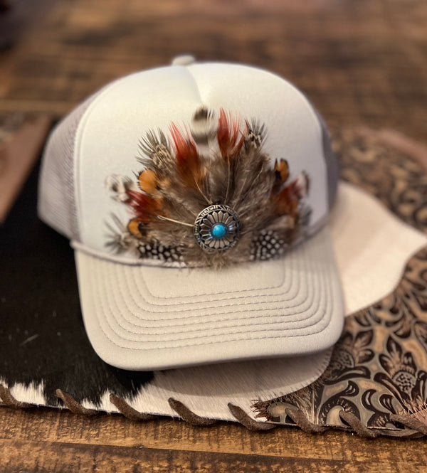 White/Gray Feathered Trucker Cap with Concho Embellishment