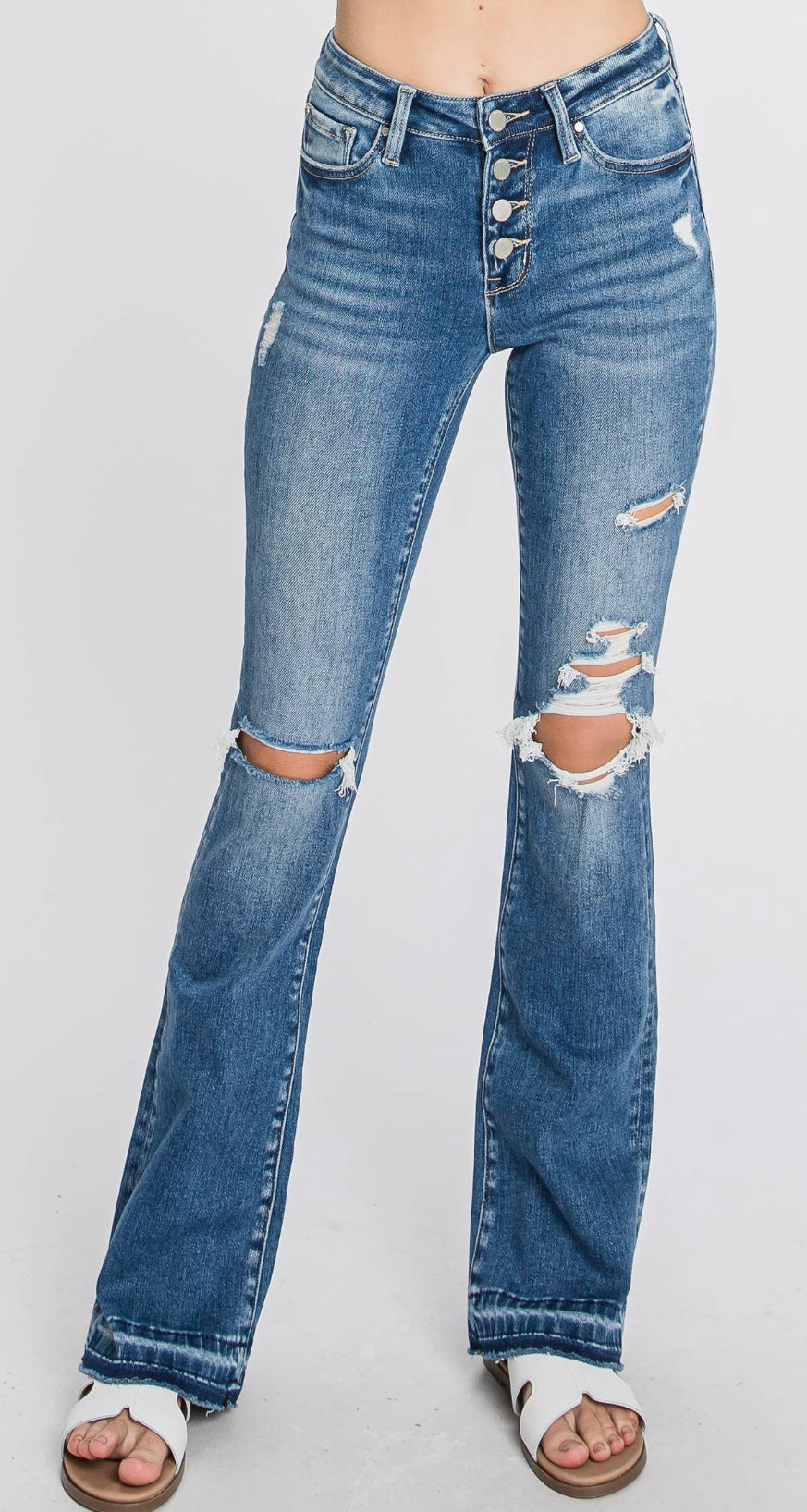 Button Up Distressed Mid Rise Stretch Slim