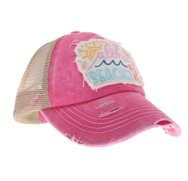 Pink Aloha Beaches Patch High Pony Criss Cross Ball Cap by CC Beanie