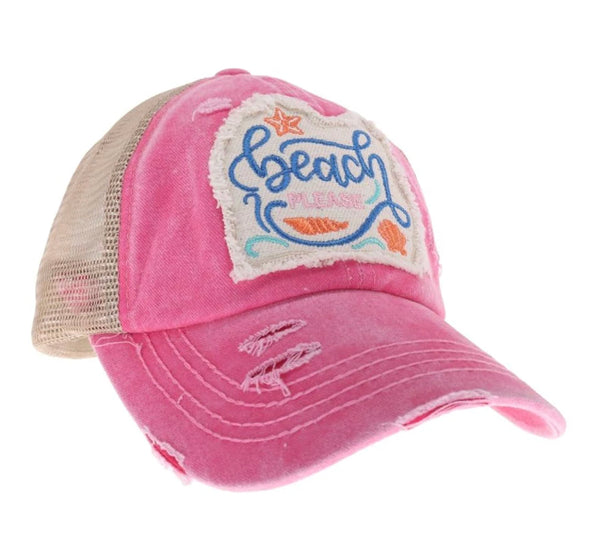 Pink Embroidered Beach Please Patch High Pony Criss Cross Ball Cap by CC Beanie